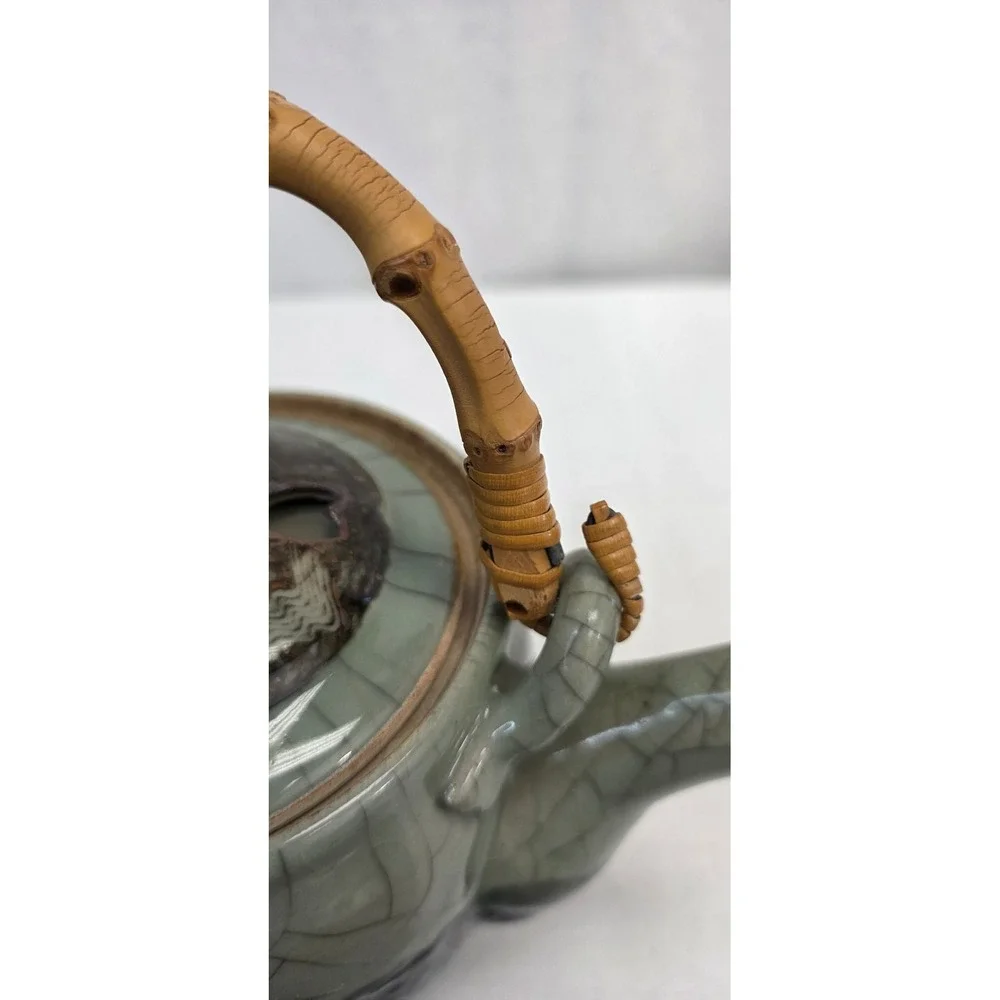 Japanese Crackle Glaze Celadon Tea Set Bamboo Handle Teapot and 2 Cups Heart Cut